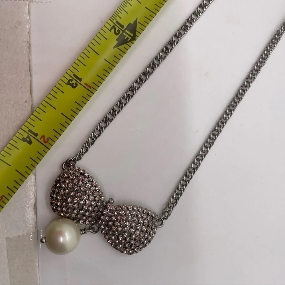 Pave Crystal Rhinestone Bow Tie and Faux Pearl Charm Silver Tone Necklace